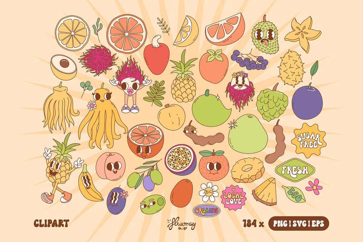 Groovy Retro Fruit Characters bundle, a Food Illustration by Huxmay (Photo 2 of 7)