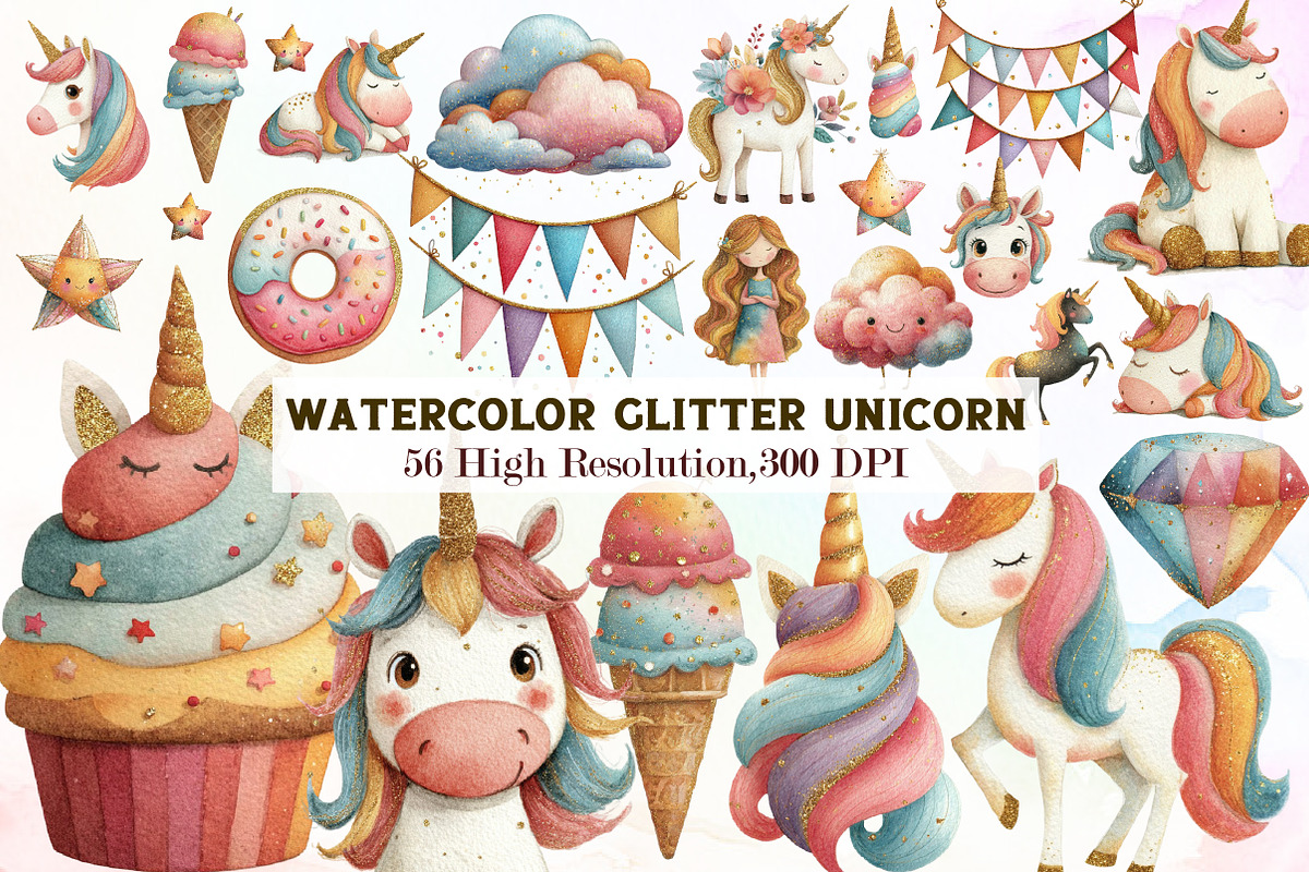 Watercolor Glitter Unicorn Clipart, an Illustration by Sublimation Artist (Photo 1 of 7)