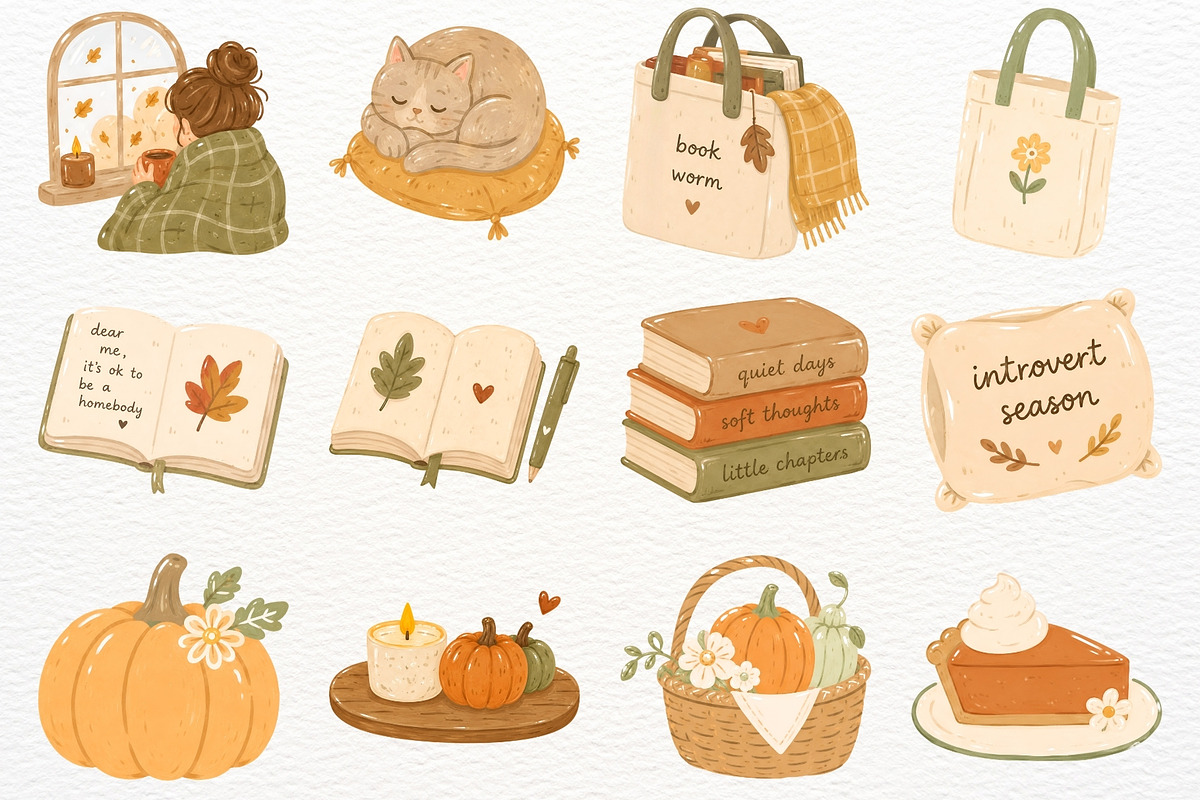 Cozy Autumn Clipart Introvert Season, a Seasonal Illustration by SugarCloudStudioArt (Photo 3 of 5)