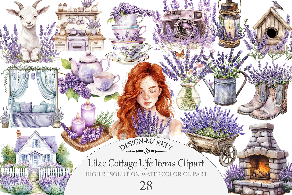 Watercolor Lilac Cottage Life Items, an Illustration by Design Market (Photo 1 of 4)