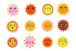 Set Of Colored Suns With Smile Faces