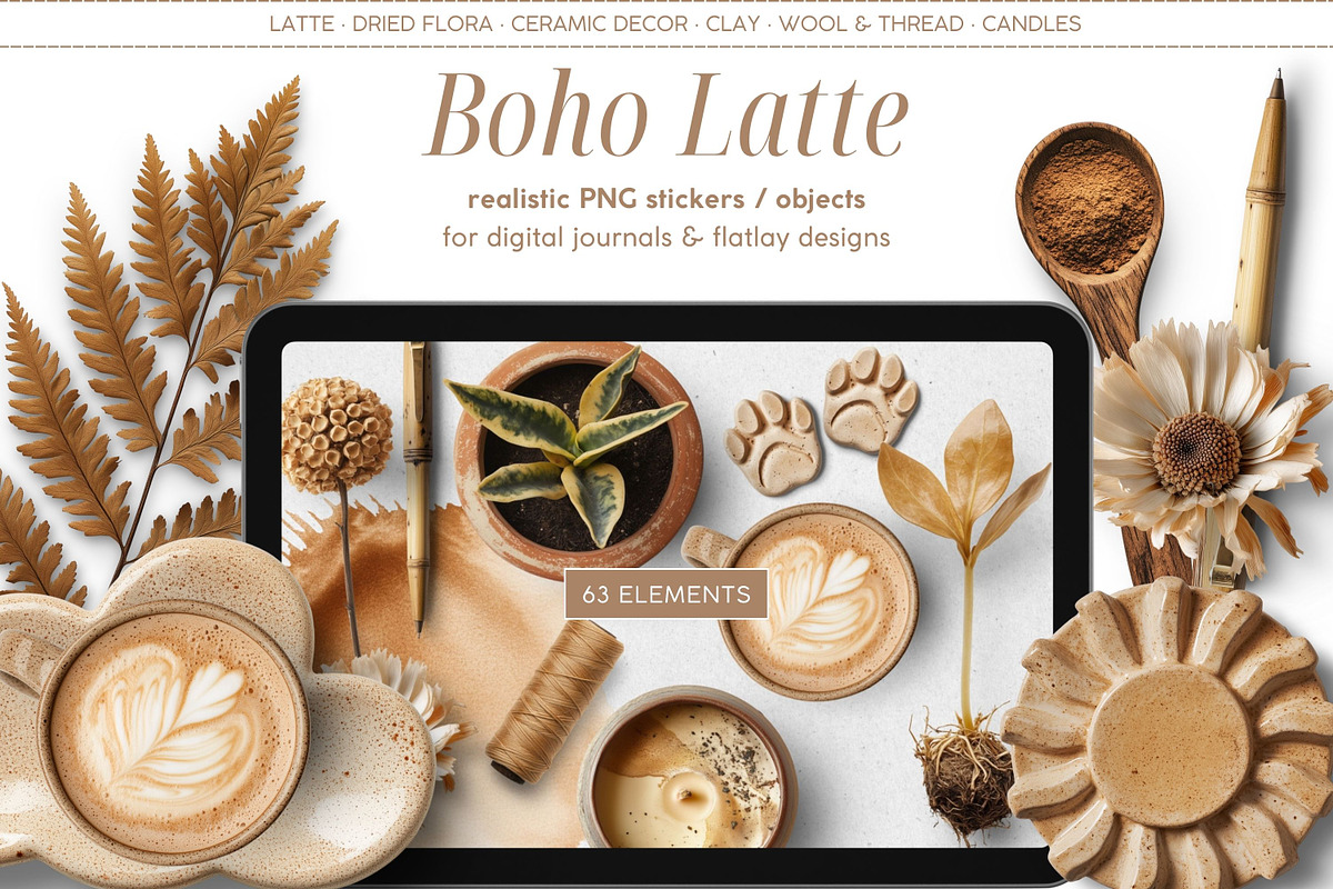 Boho Latte Realistic PNG Objects, an Object Graphic by Iconogenic (Photo 1 of 7)
