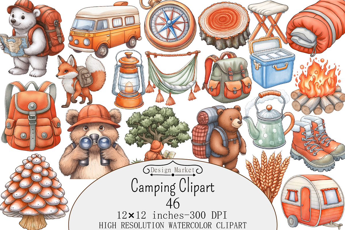 Watercolor Camping Clipart, a Seasonal Illustration by Design Market (Photo 1 of 5)