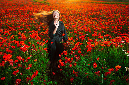 Beautiful young woman in poppy field with flying hair., a Person Photo by Rohan Photography