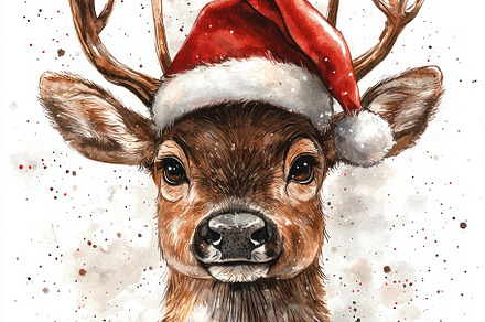 Cute reindeer wearing a Santa hat with festive snowy background, a Holiday Photo by José Manuel Gelpi