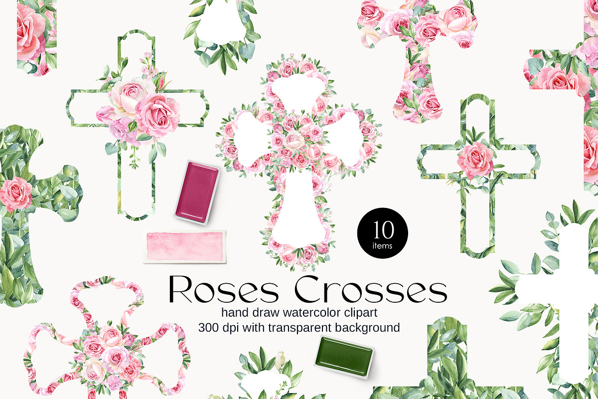 Watercolor Floral Easter Crosses, an Object Graphic by Elena Dorosh (Photo 1 of 5)
