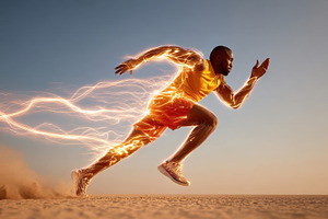 Dynamic male athlete sprinting in the desert, a Sports & Recreation Photo by AlyaAnd