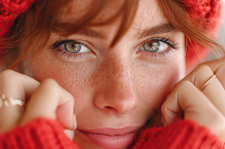 Close-up of a young woman with freckles in a cozy red sweater during a winter d, a Person Photo by AlyaAnd