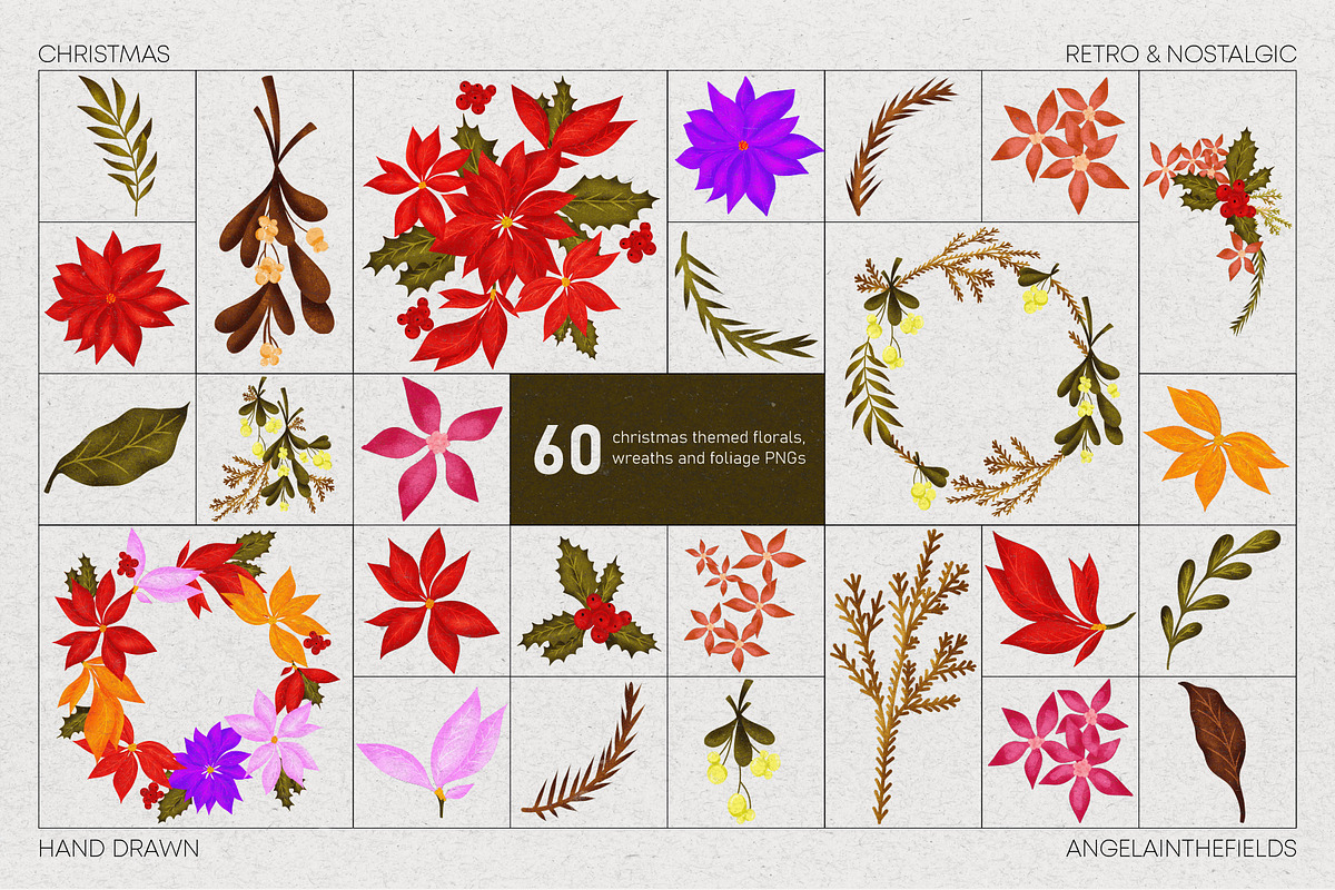 Retro Christmas Floral Set, an Illustration by angelainthefields (Photo 2 of 7)