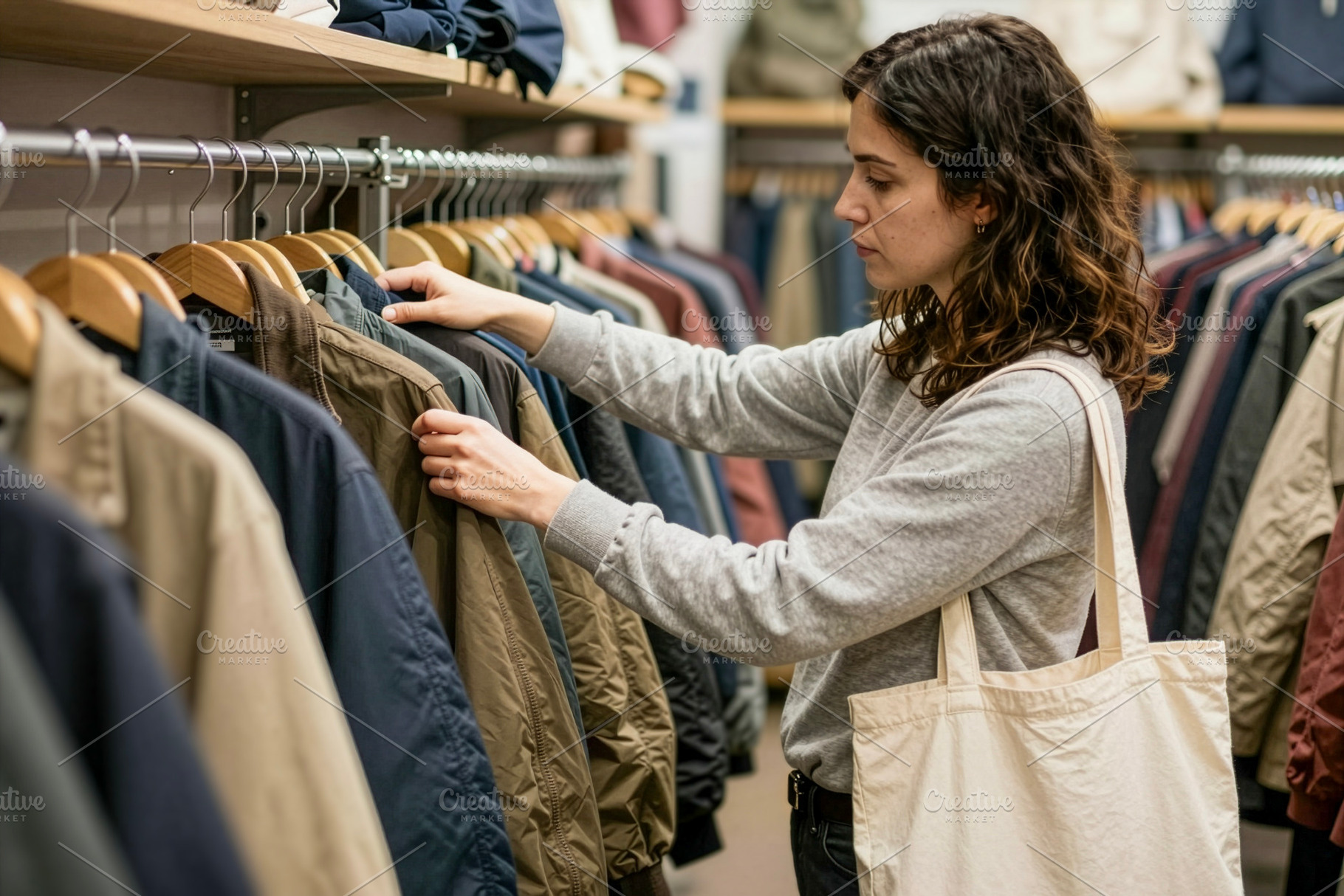 Woman browsing jackets on clothing, a Photo by rarrarorro