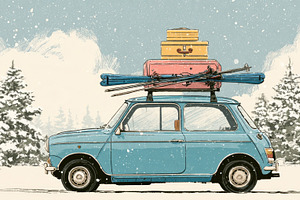 Winter adventure with a blue car