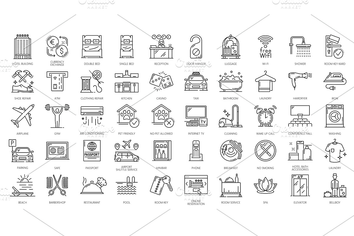 Hotel and motel service line icons, an Illustration by Vector Tradition