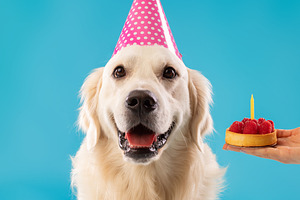 Owner greeting cute dog in party hat with cake, a Photo by Prostock-Studio