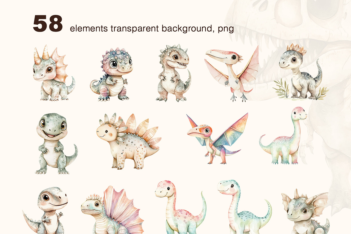 Watercolor dino. Patterns, Clip Art, an Animal Illustration by Pattern + watercolor (Photo 3 of 15)