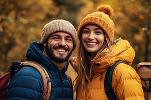 Beautiful young couple in a warm modern clothes in autumn park, a Person Photo by AlyaAnd
