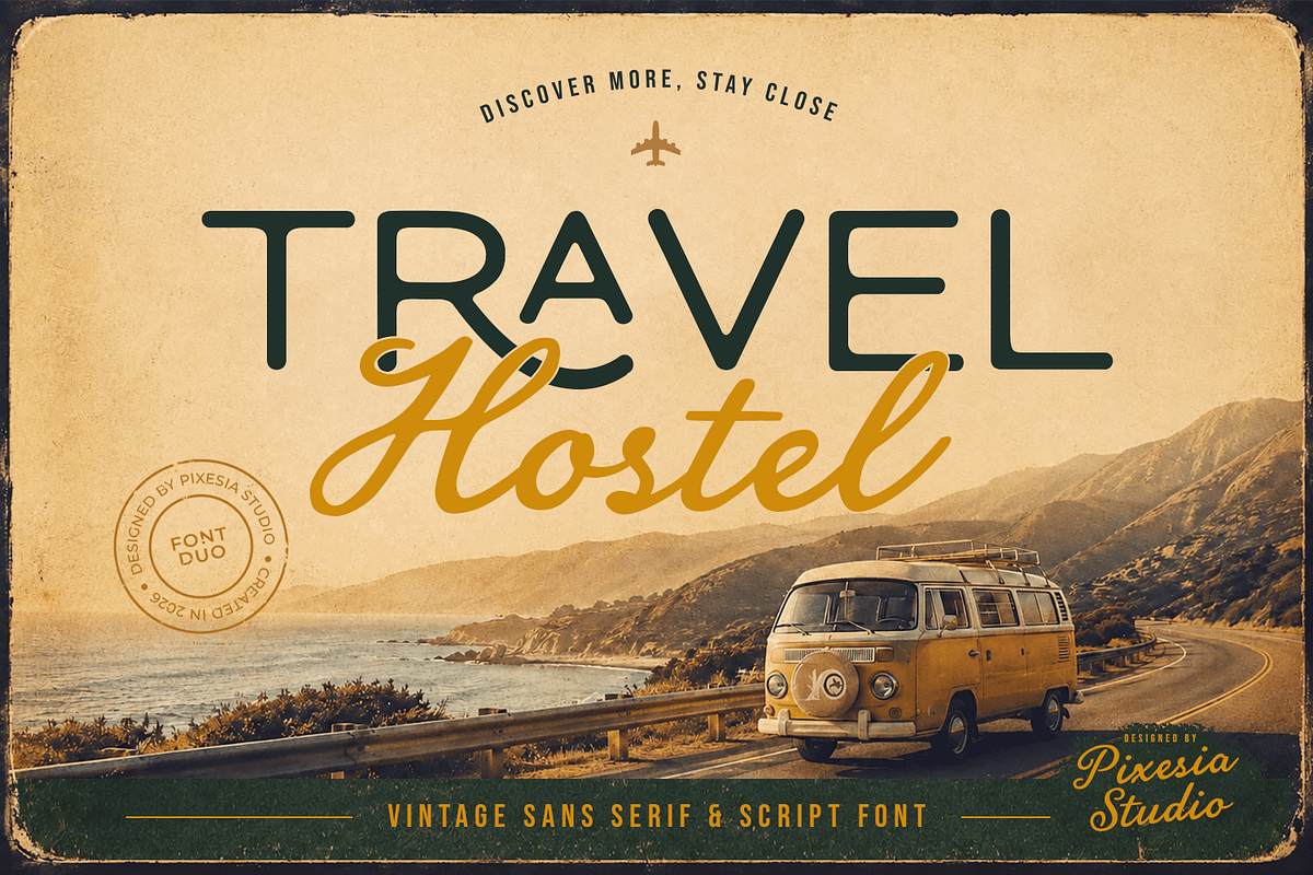 Travel Hostel - Vintage Font Duo, a Script Font by Pixesia Studio (Photo 1 of 11)