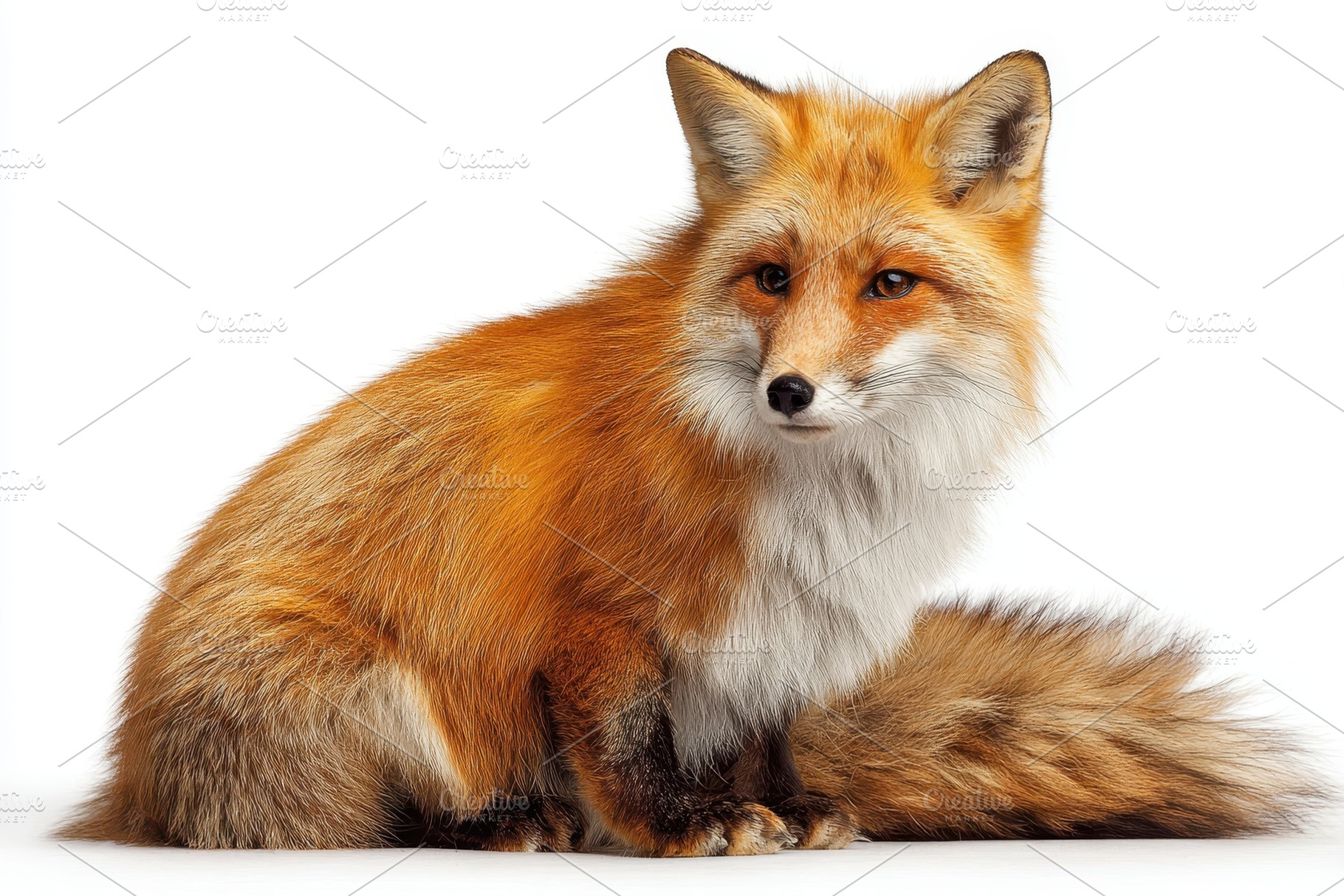 Red fox sitting fluffy tail wildlife, a Photo by Pixeness Studio