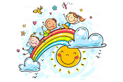 Happy cartoon kids on rainbow., a Seasonal Illustration by Bubert Art (Thumbnail 1 of 2)