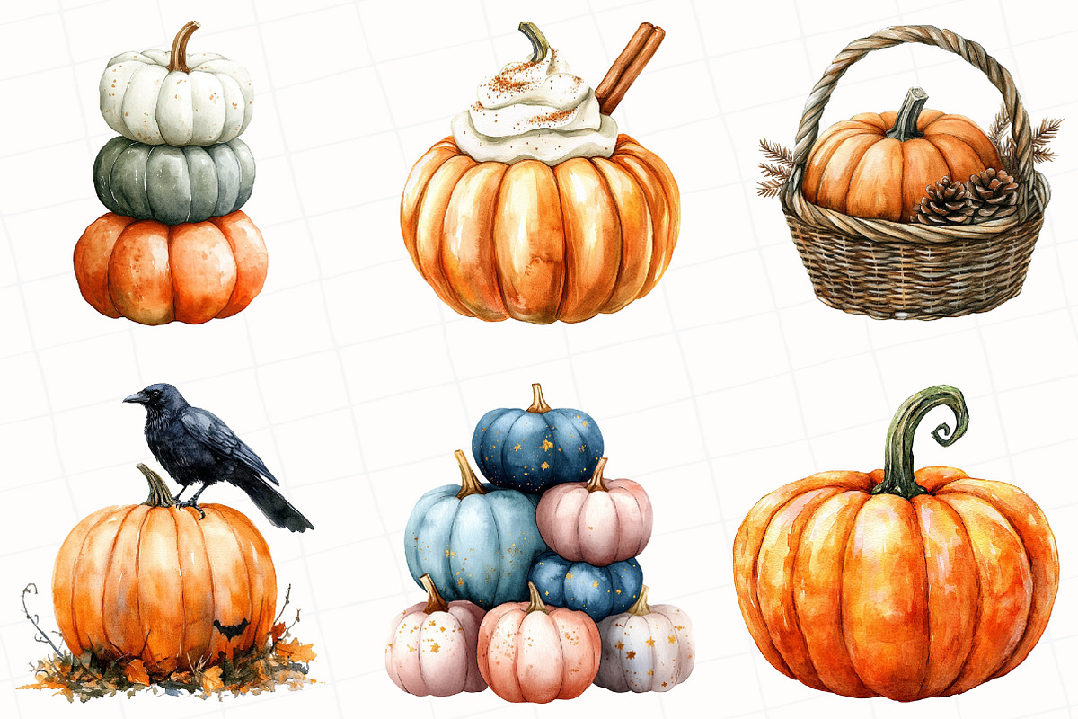 Watercolor Autumn Pumpkin Clipart, an Illustration by OK Design (Photo 3 of 5)