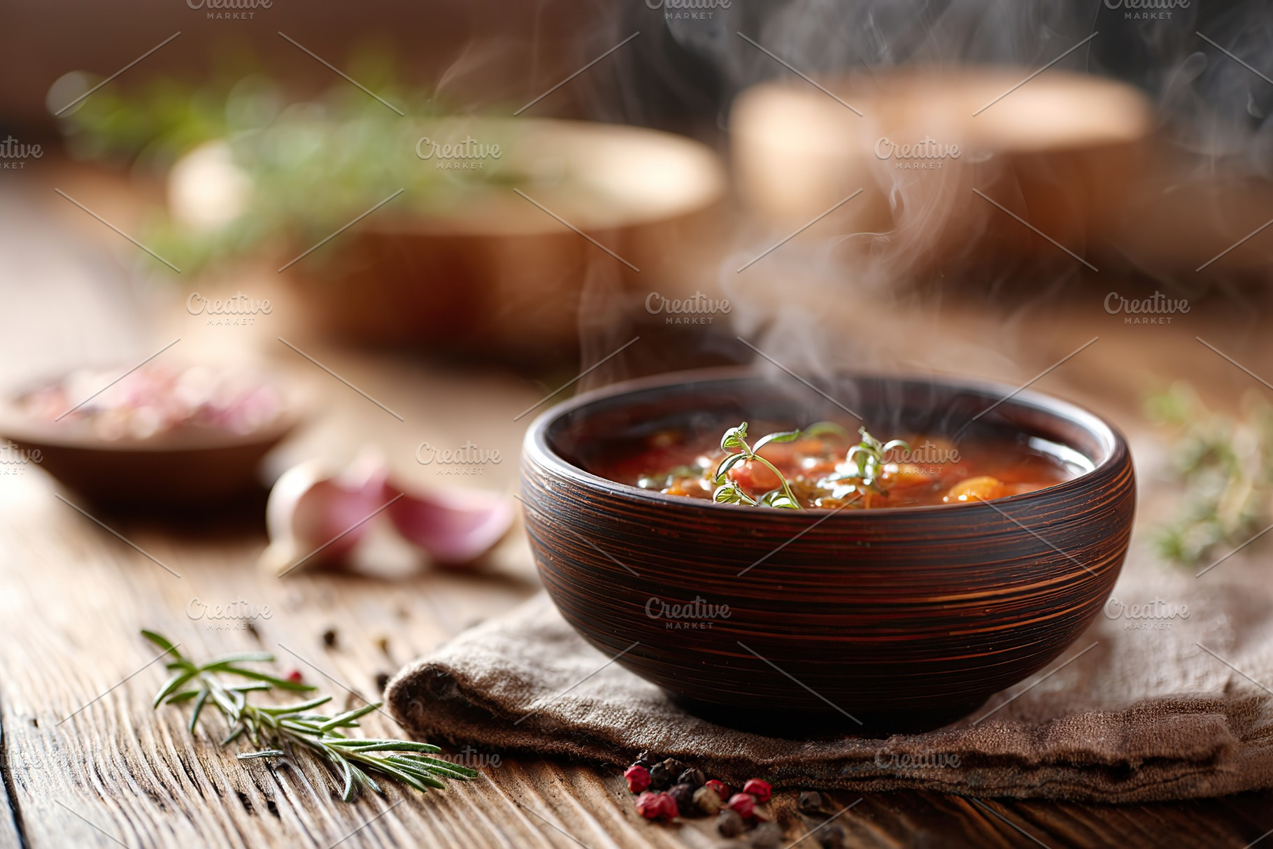 Warm soup served in a handmade ceramic bowl surrounded by fresh herbs and seaso, a Food & Drink Photo by AlyaAnd