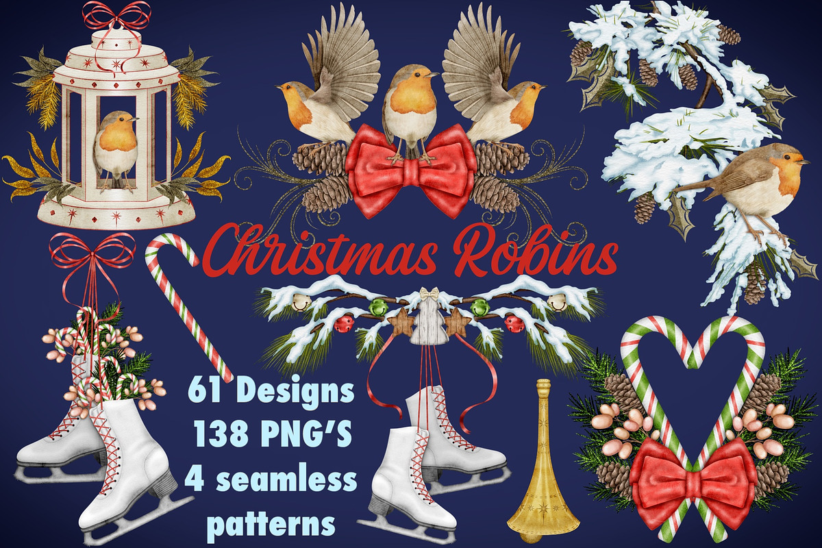 Christmas Robins watercolors, a Seasonal Illustration by Happy Sloth Graphics (Photo 1 of 19)