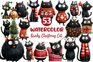 Quirky Christmas Black Cat Clipart, an Illustration by Dream Creation