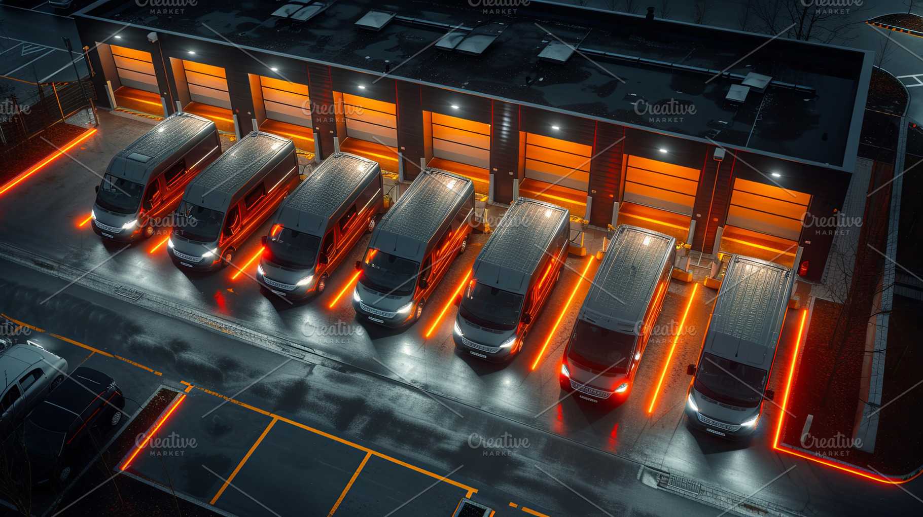 Above view of row of bus cargo trucks parked in a warehouse in n, a Transportation Photo by AS photostudio