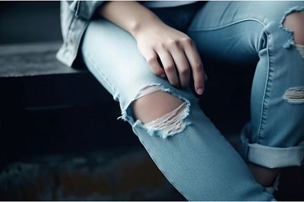 Jeans knee selected focus in street, a Beauty & Fashion Photo by Ylivdesign