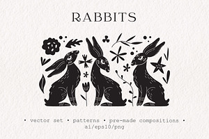 Rabbits. Linocut Vector Collection