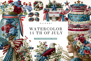 Watercolor 14 th of July Clipart, a Seasonal Illustration by BusyDaydesign