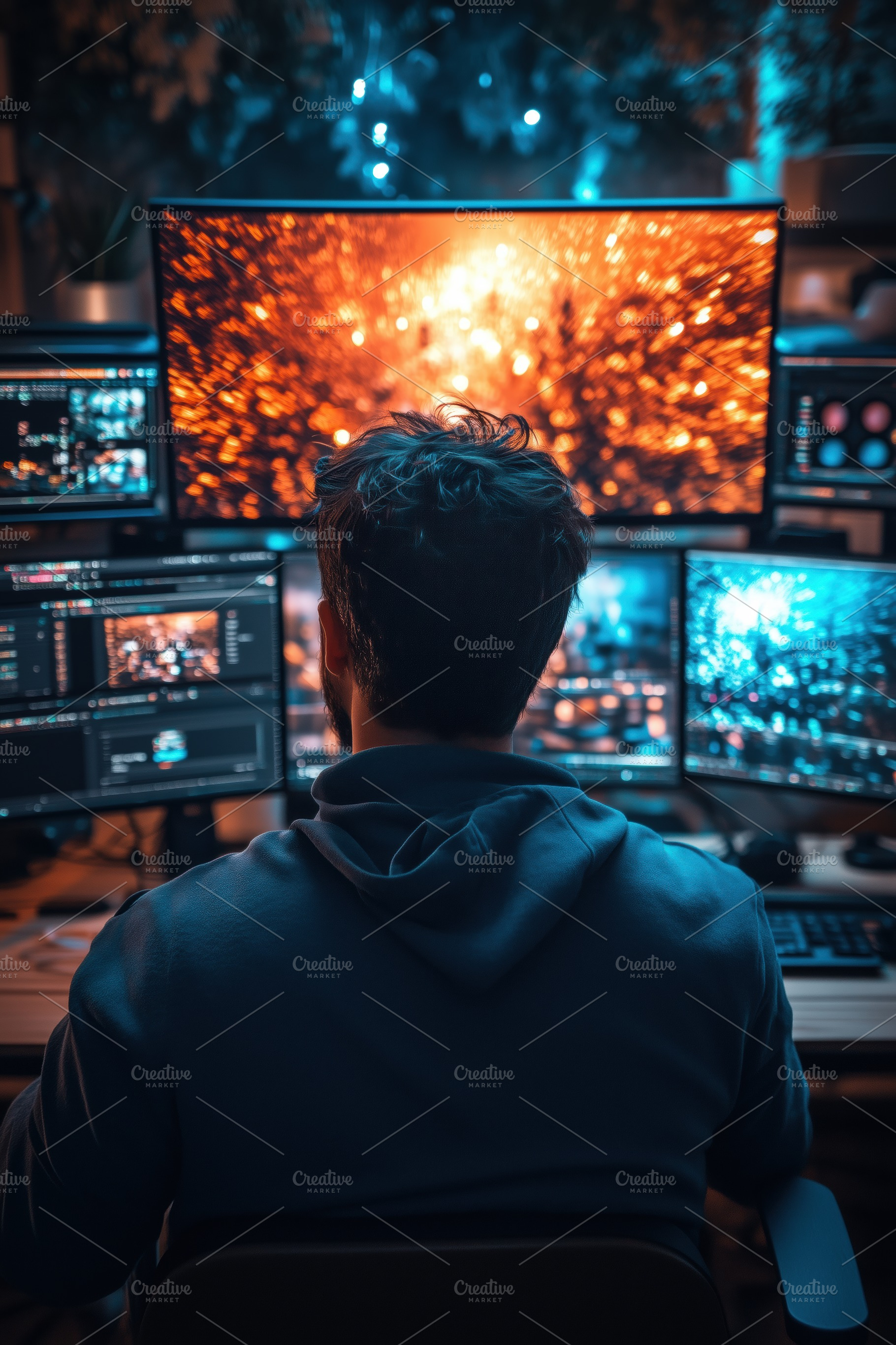 A motion designer sitting in front of multiple computer monitors displaying vib, a Person Photo by Textures & Backgrounds