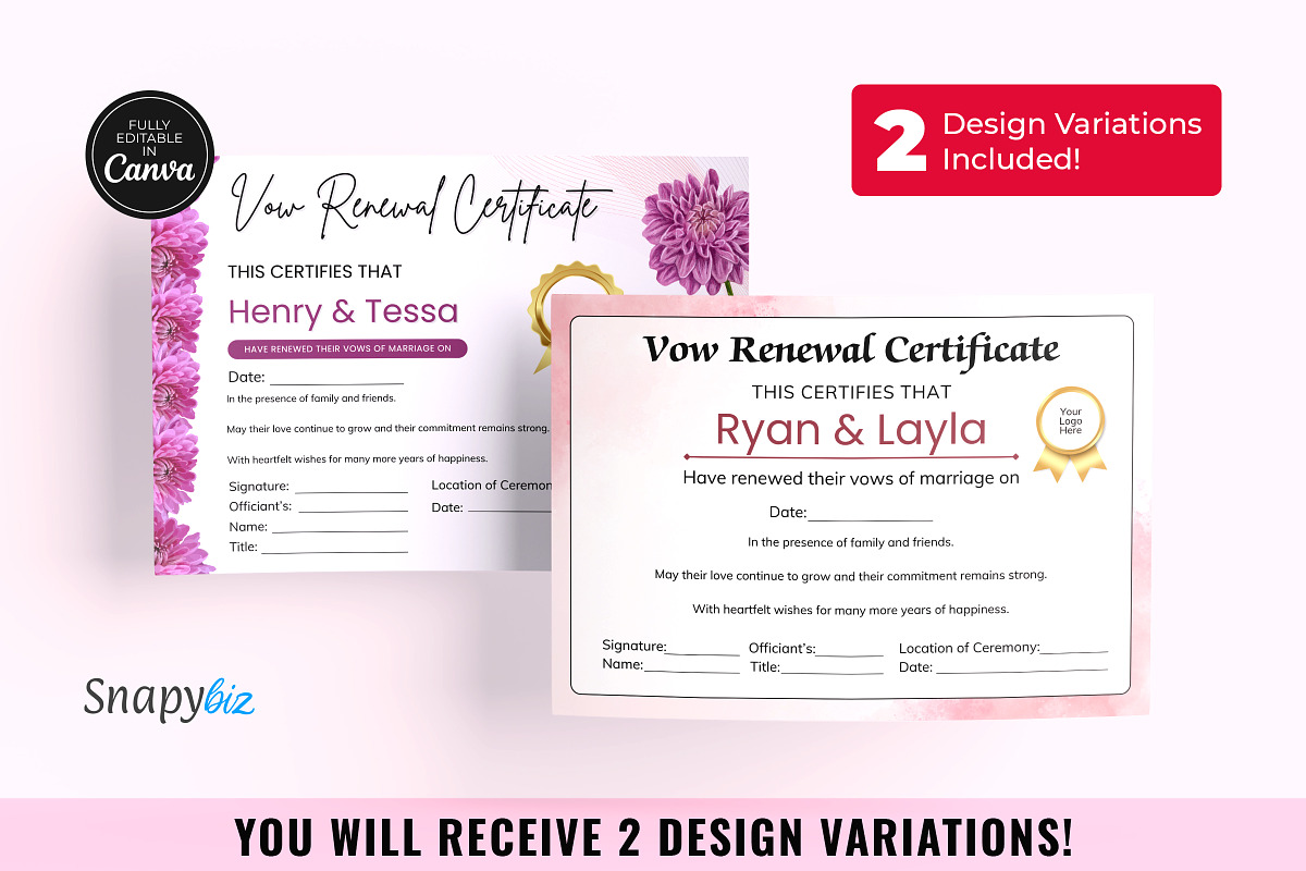 Vow Renewal Certificate Template, a Card Template by Snapybiz (Photo 1 of 10)