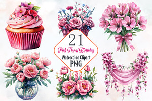 Pink Floral Birthday Watercolor Png, an Illustration by RobertsArt