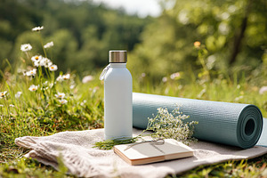 Enjoying a peaceful yoga session on a grass field with a rolled mat and water b, a Photo by AlyaAnd