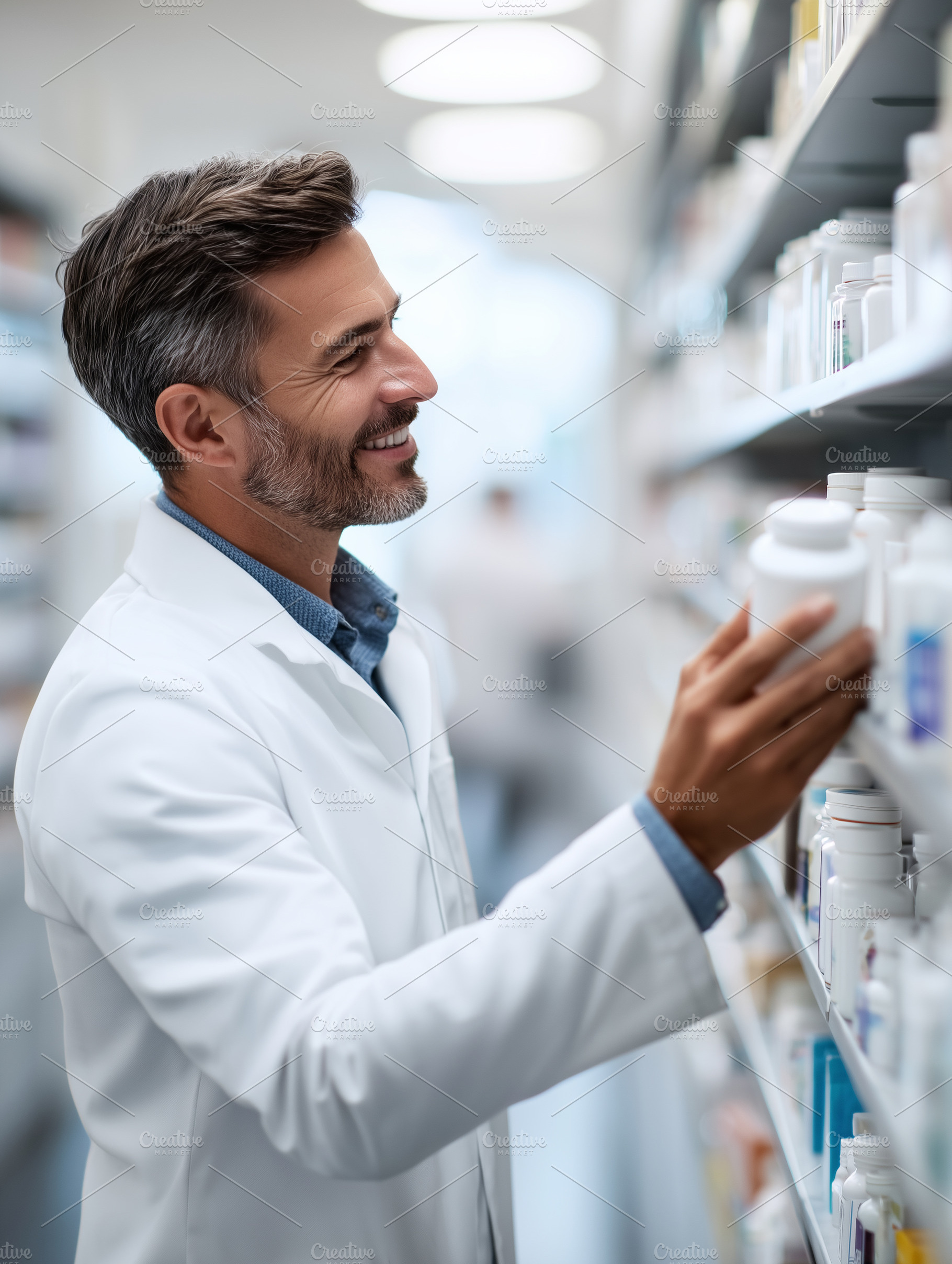 Smiling pharmacist in a white lab, a Health & Medical Photo by MistyDay