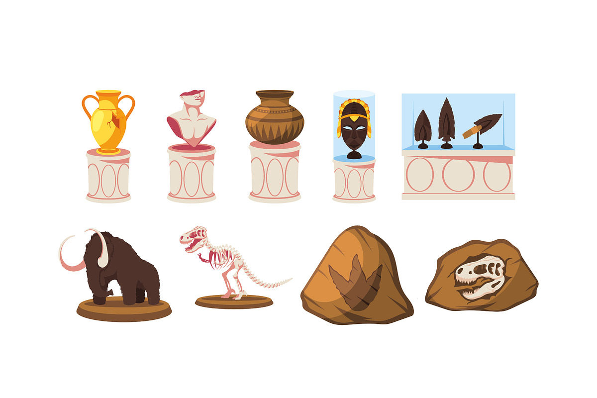 Museum Artifacts Fossils Icons Set