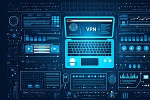 Digital VPN interface on a laptop surrounded by futuristic security icons, an Illustration by AS photostudio