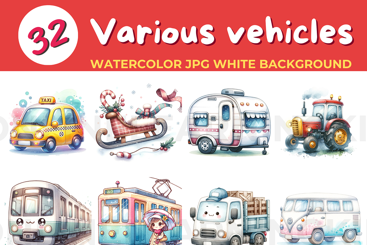 Various vehicles watercolor JPG whit, a Transportation Illustration by John_Walker (Photo 1 of 3)