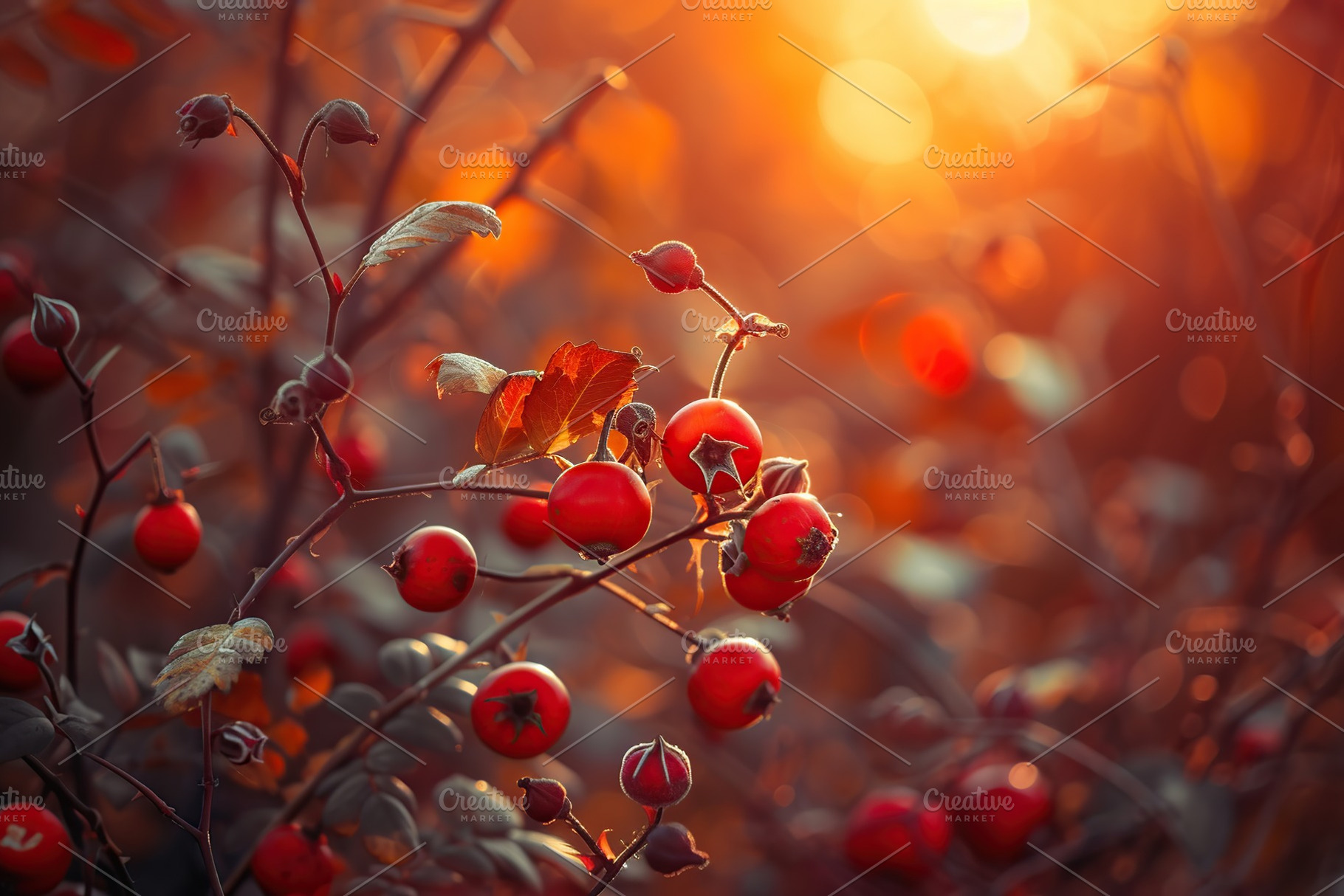 Branch with red rose hip berries on blurred background, a Food & Drink Photo by AlyaAnd