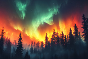Northern lights over dark pine forest, a Nature Photo by Photostock