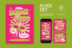 Pink Green Mardi Gras Flyer Set, a Flyer Template by graphicook