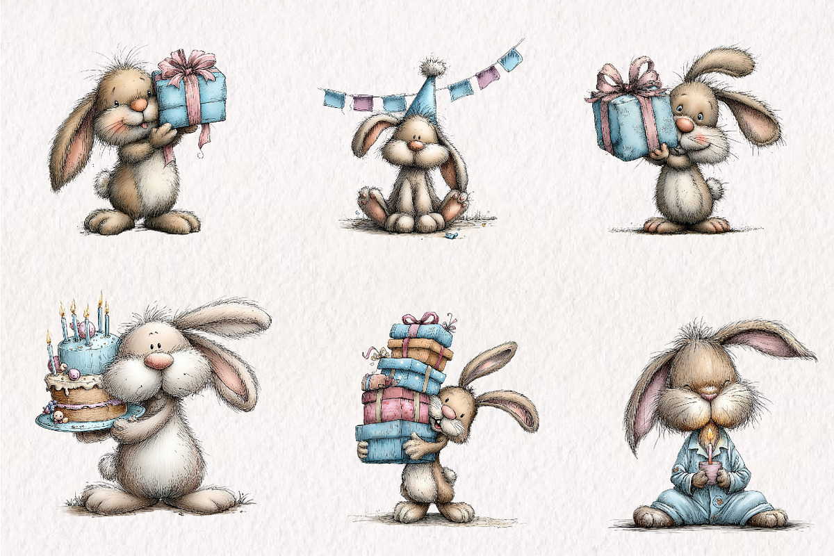 Watercolor Birthday Bunny Clipart, an Animal Illustration by CreationArt (Photo 2 of 14)