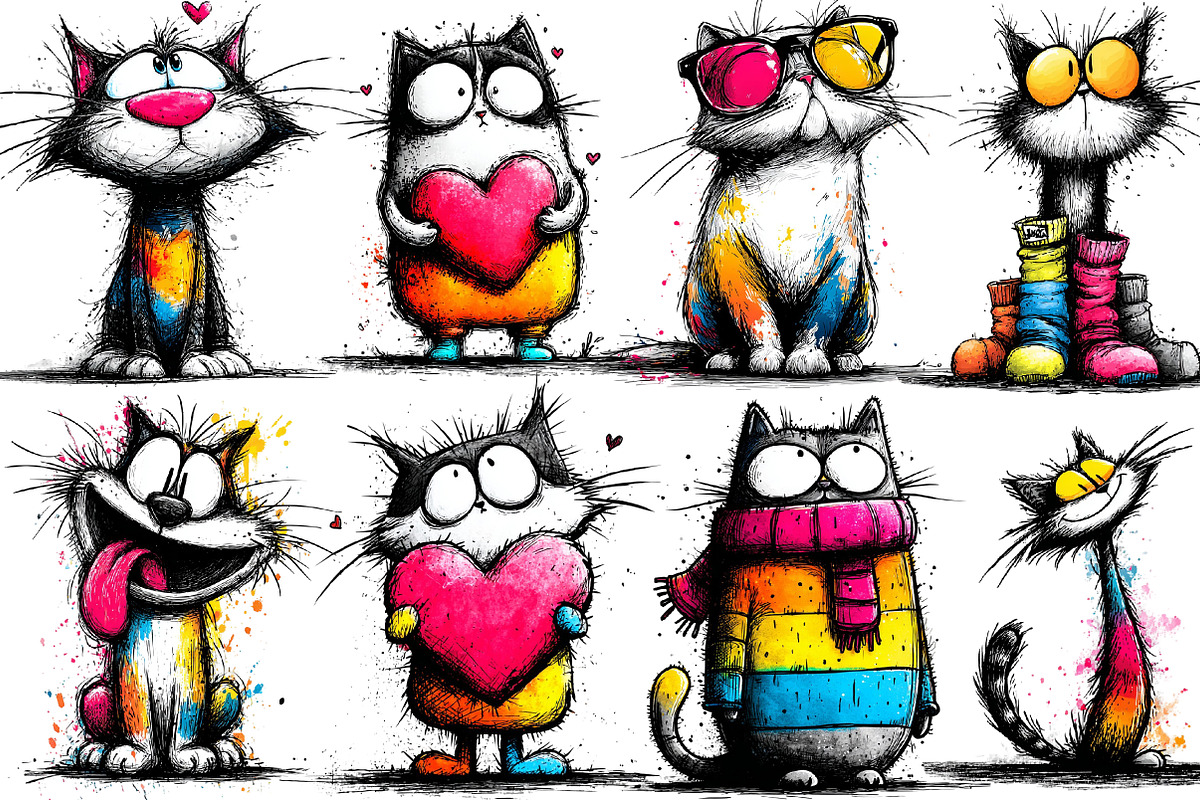 Quirky Funny Cats Clipart, an Animal Illustration by YA Design (Photo 3 of 5)