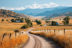 Winding dirt road through golden landscape, a Nature Photo by AlyaAnd