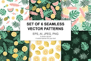 Vector summer set, 6 vector seamless