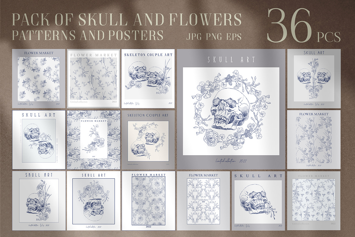 Skull and flowers poster set, a Texture Illustration by LanaDzi (Photo 1 of 10)
