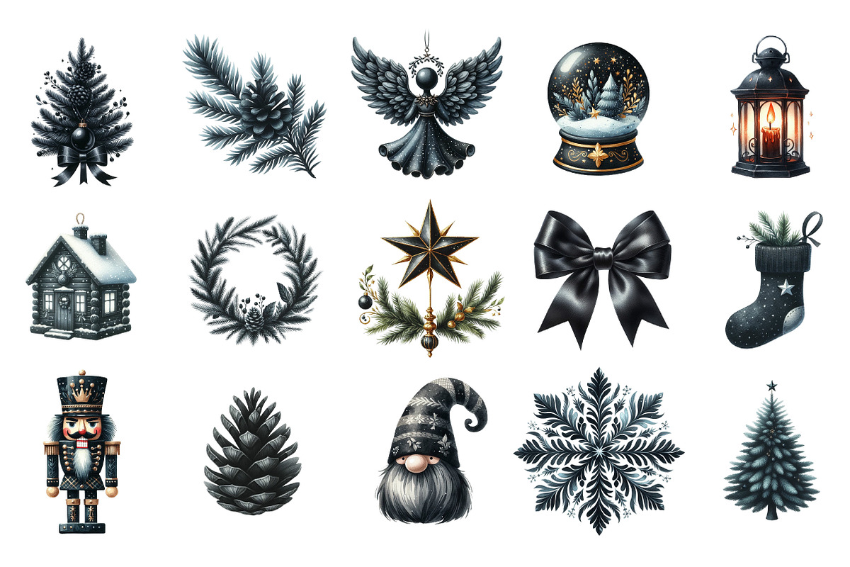 Black Christmas Clipart Set, an Illustration by Designking (Photo 3 of 5)
