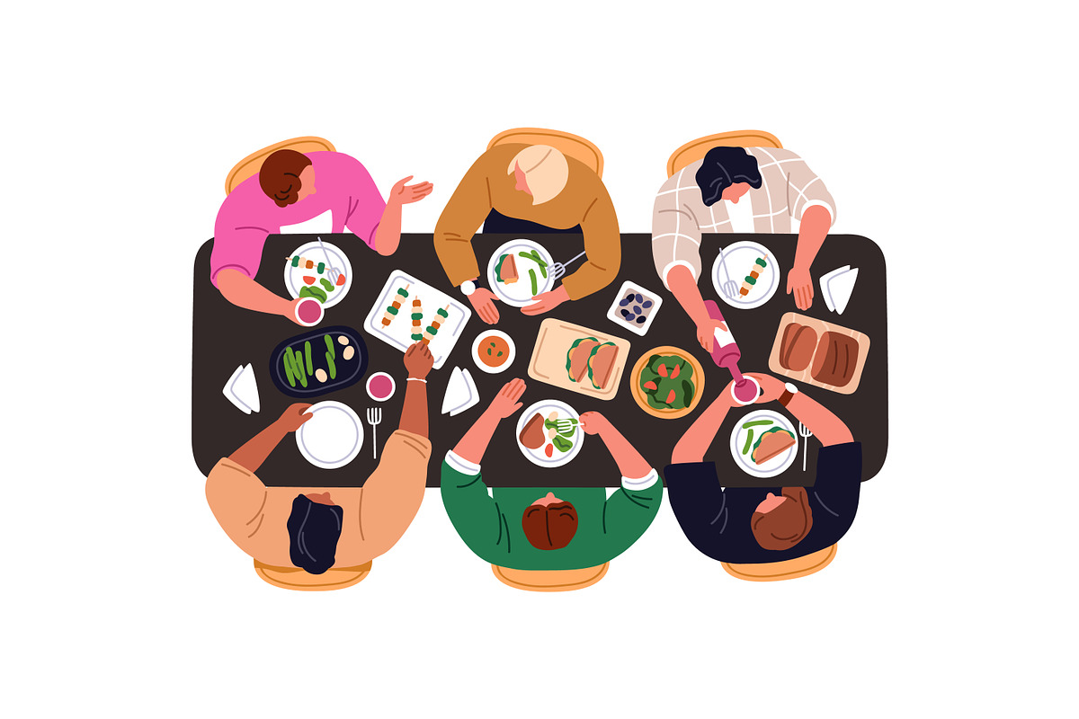 People eating food at table set, a Food Illustration by Good Studio (Photo 2 of 7)