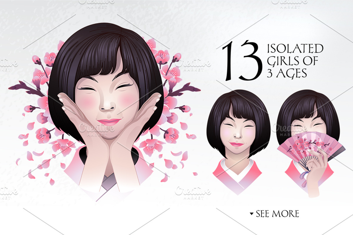 Asian girls and hand fans, a Person Illustration by Ekaterina Glazkova (Photo 2 of 7)