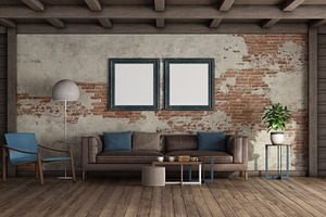 Old living room with brick wall and modern furniture